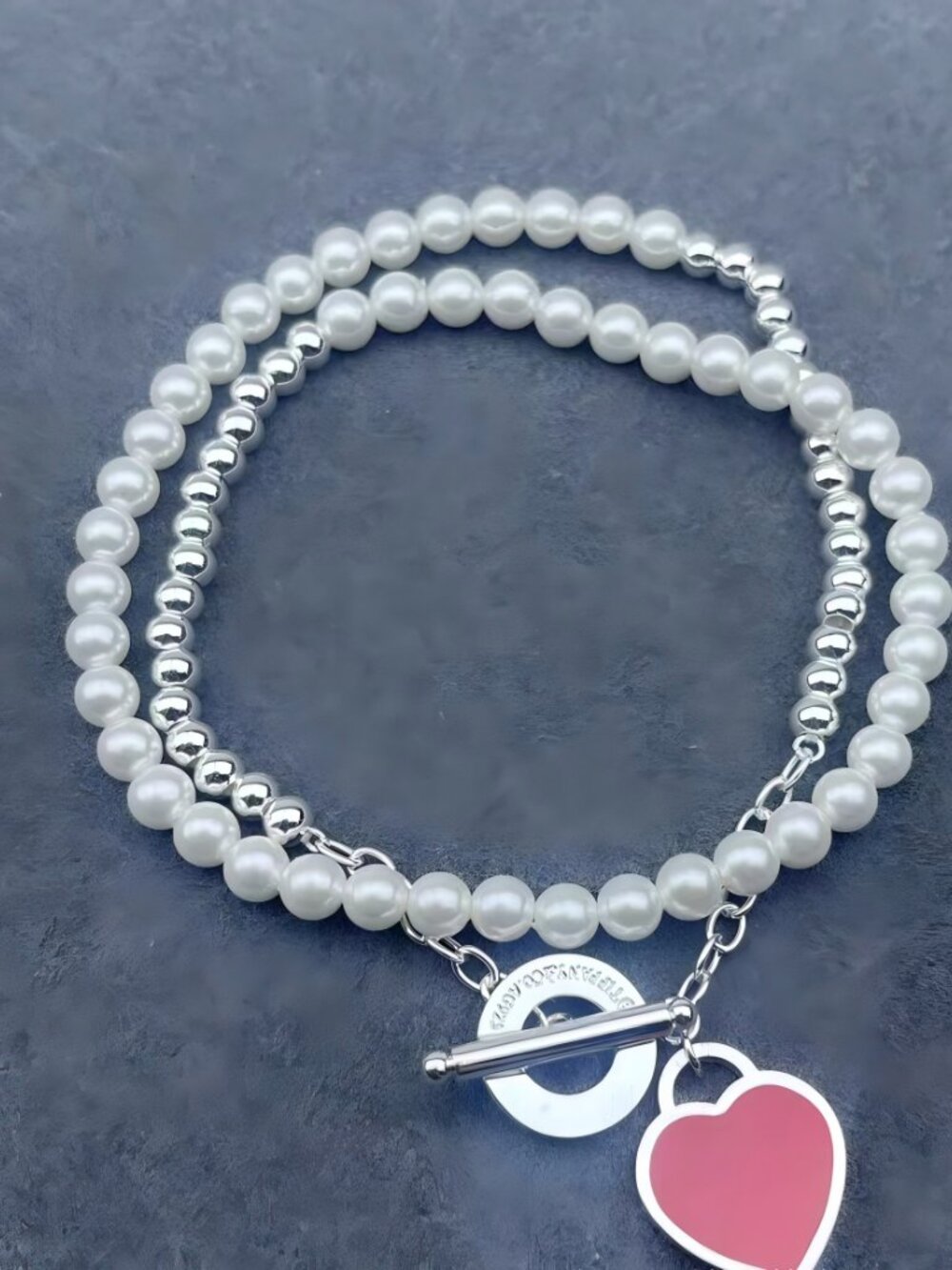 Tiffany Love Pendant Double Loop Pearl Necklace